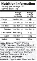 Detailed nutrition facts for Frenchies Keto Plum Sauce, showcasing its low-carb, sugar-free ingredients and nutritional values—ideal for health-conscious consumers.