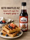 Keto waffles NZ topped with sugar free maple syrup