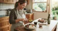 Woman with healthy glowing skin eating a low carb keto meal in New Zealand